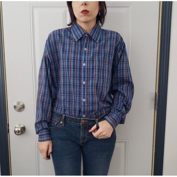 70s Blue‎ and Purple Plaid Button Down Top - Picture 1 of 4
